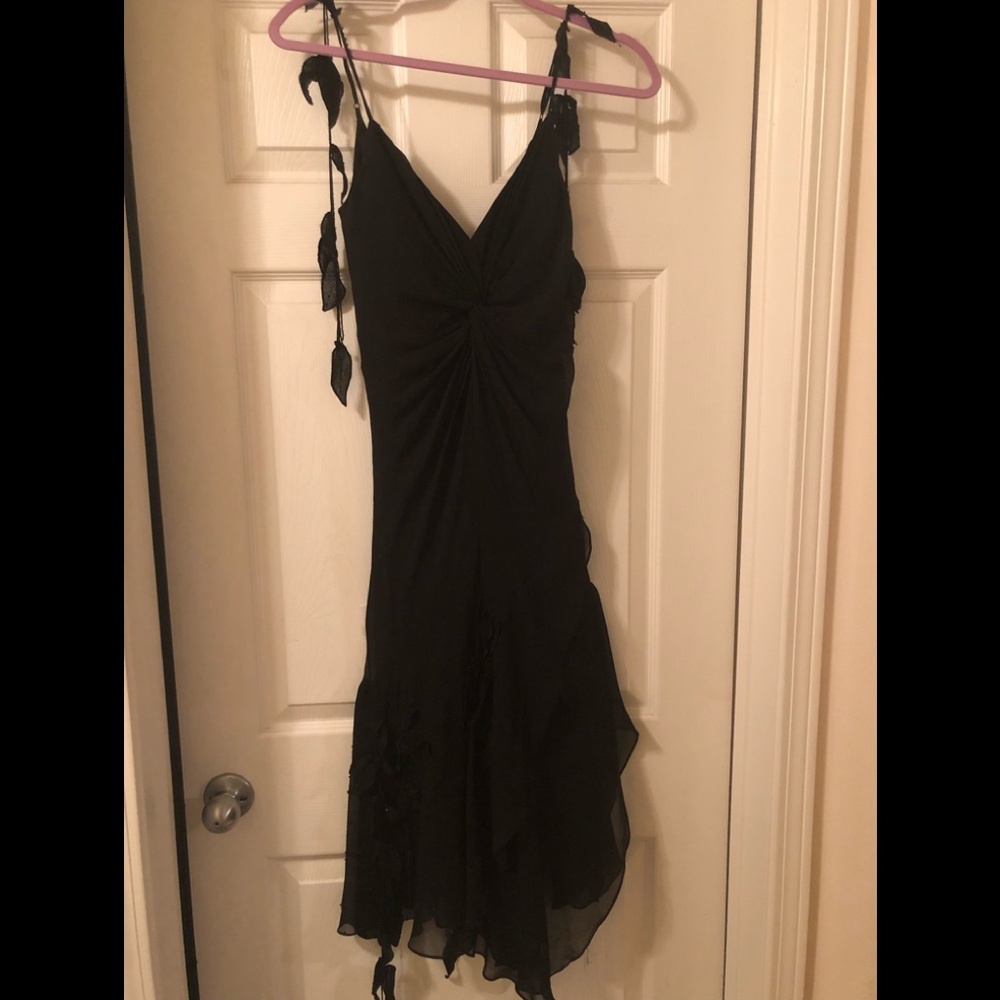 🌹Black chiffon beaded formal dress, flowy hemline